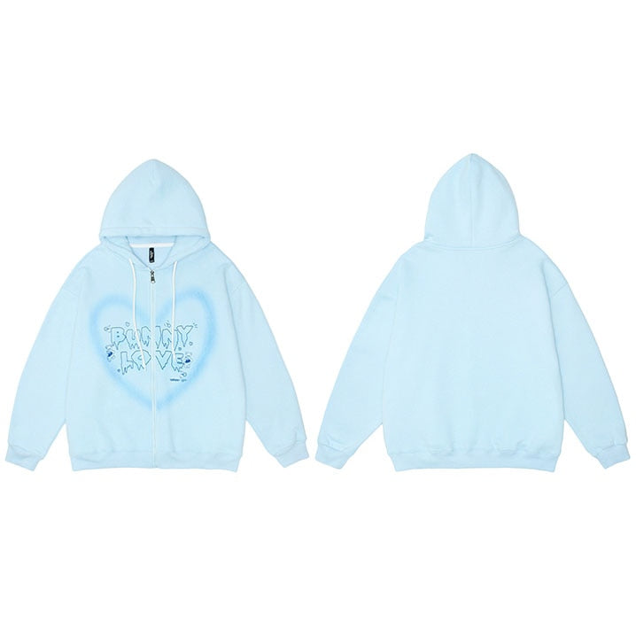 Heart Shape The BUNNY LOVE Anime Zipper Hoodie Sky Blue, M - Streetwear Hoodie - Slick Street