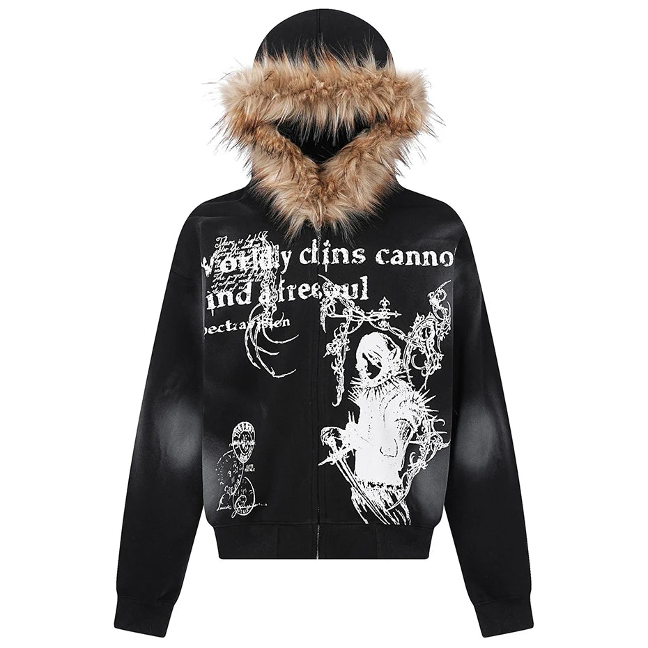 Sinful Fur Collar Hoodie Black, S - Streetwear Hoodie - Slick Street