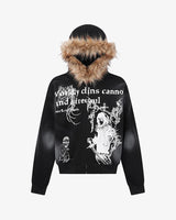 Sinful Zip Up Fur Hooded Jacket Black, S - Streetwear Hoodie - Slick Street