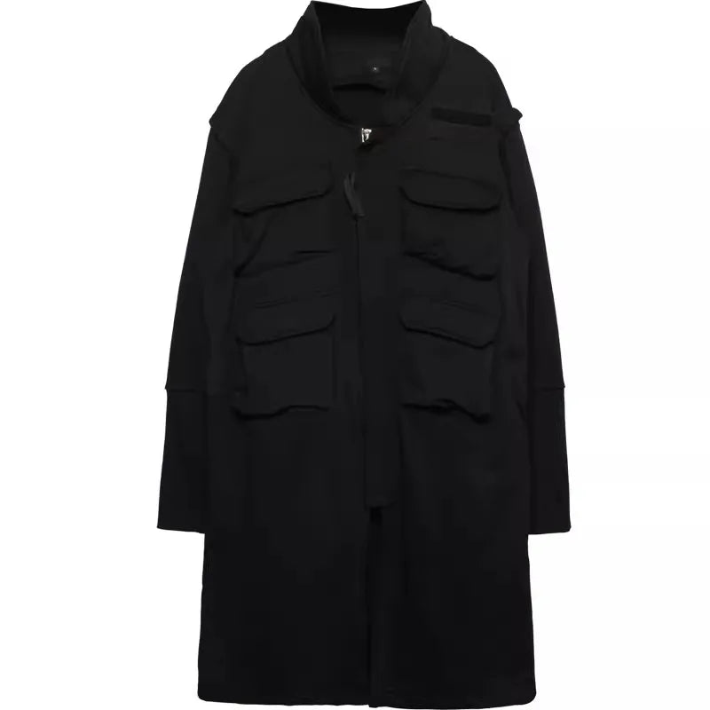 Blackish Gothic Long Trench Multi Pocket  Coat Black, S - Streetwear Coat - Slick Street