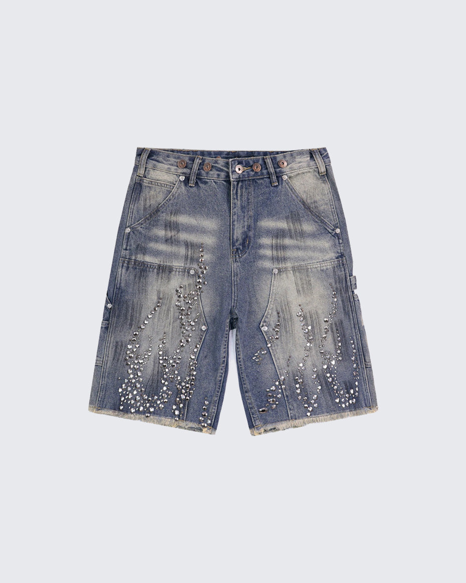 Fire Diamond Denim Rhinestone Shorts
