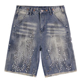 Fire Diamond Denim Rhinestone Shorts blue, S - Streetwear Shorts - Slick Street