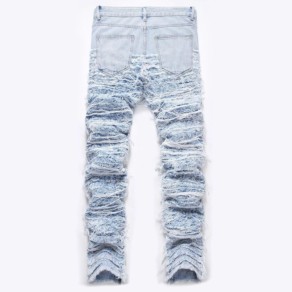 Light Blue Fringe Destroyed Pants , - Streetwear Pants - Slick Street