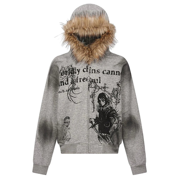 Sinful Fur Collar Hoodie Gray, S - Streetwear Hoodie - Slick Street
