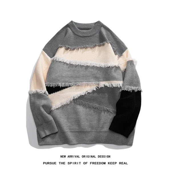 Hole Fringed Pullover Sweater Gray, XS - Streetwear Sweater - Slick Street
