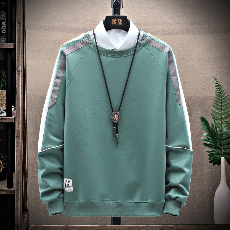 Double Collar Rib Style Sleeves Pullover Sweatshirts Green, M - Streetwear Sweatshirt - Slick Street