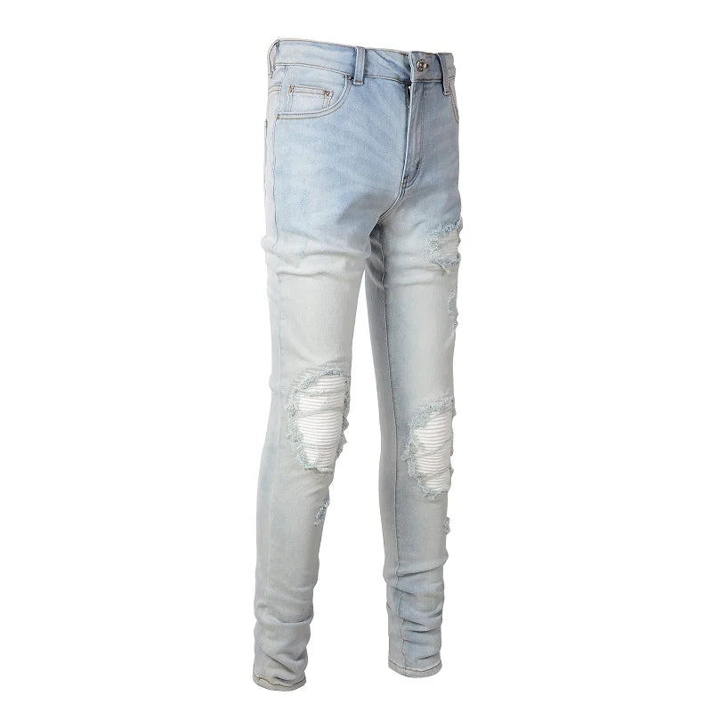 Pale Blue Cracked Pleated Pants , - Streetwear Pants - Slick Street