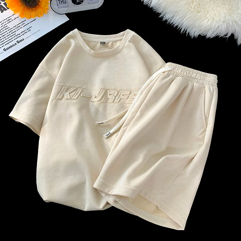 KI-JRFS Embossed Letter T-Shirt With Short Beige, XS - Streetwear Tracksuits - Slick Street