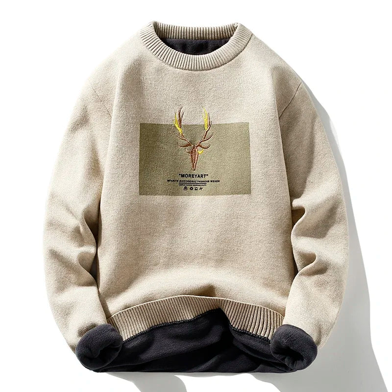 Deer Padded Velvet Pullover Sweater 1239-Khaki, XL - Streetwear Sweater - Slick Street
