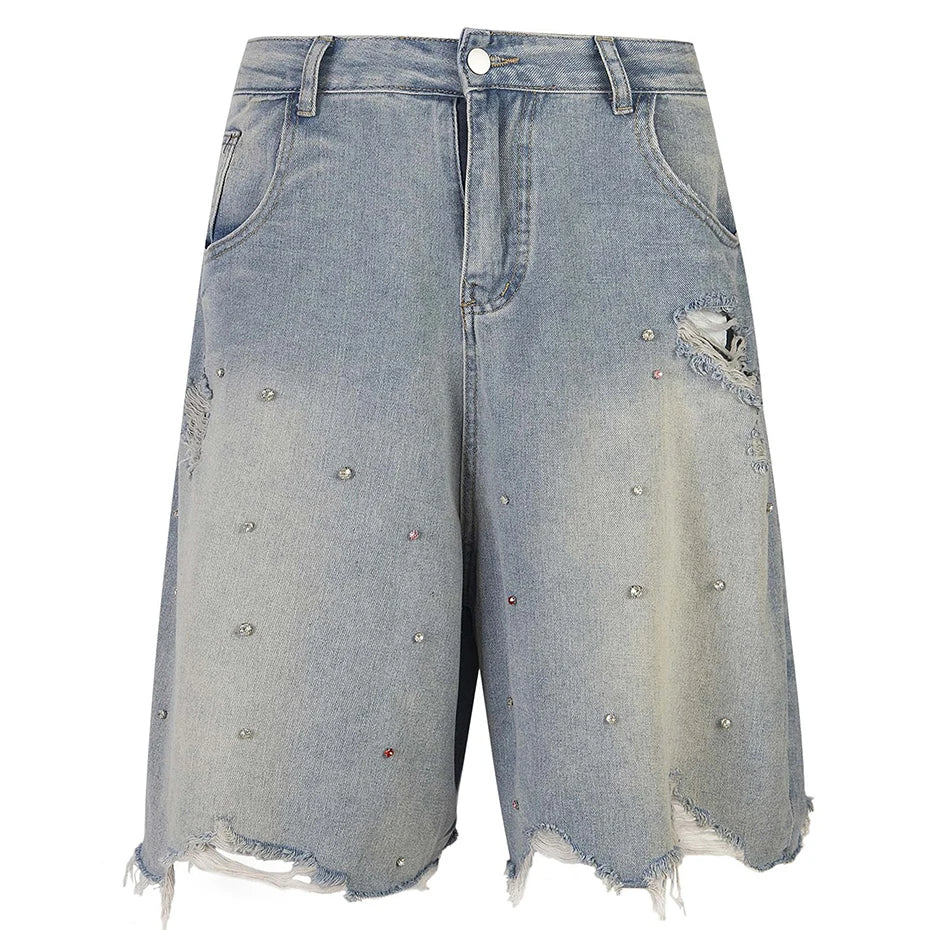 Rhinestone Denim Ripped Shorts Blue, S - Streetwear Shorts - Slick Street