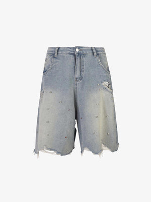Rhinestone Denim Ripped Shorts Blue, S - Streetwear Shorts - Slick Street