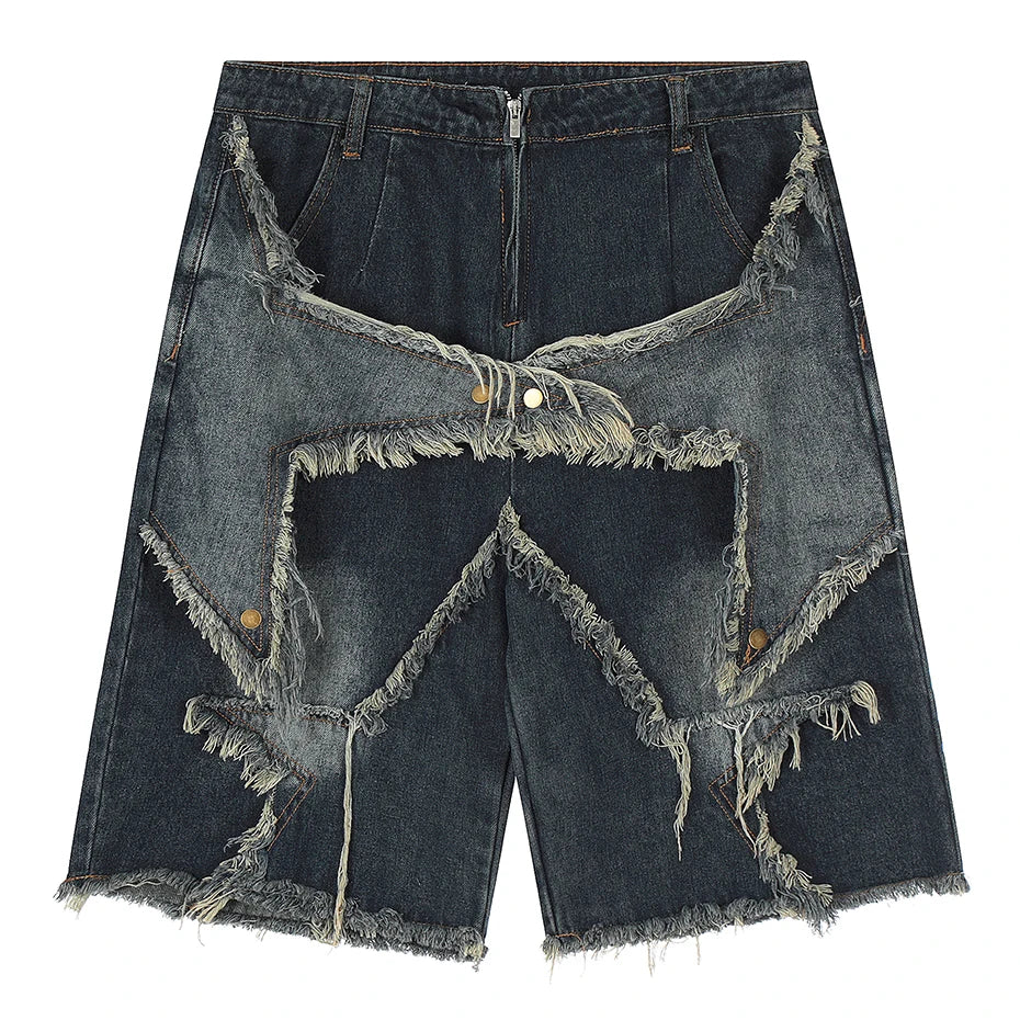 Blue Denim Tassel Star Shorts Blue, S - Streetwear Shorts - Slick Street