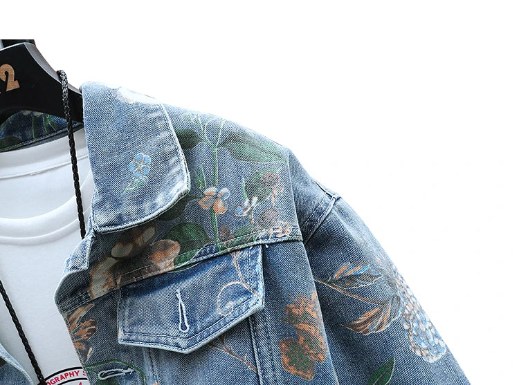 Vintage Floral Abstract Art Denim Jacket , - Streetwear Jacket - Slick Street