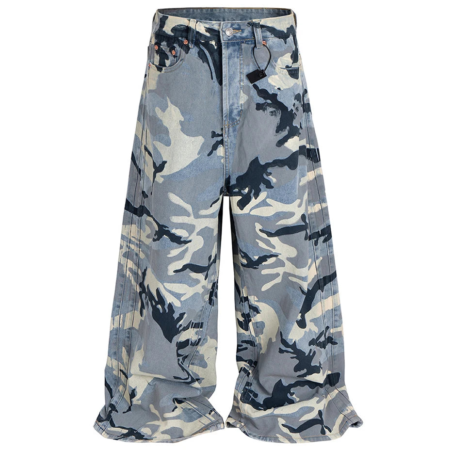 Blue Camo Wide Leg Pants Blue, M - Streetwear Pants - Slick Street