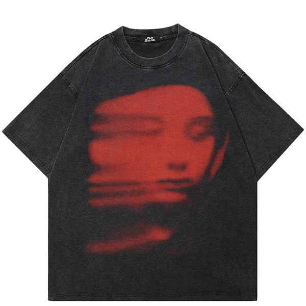Blurry Red Face Graphic Loose T-Shirt ,  - Streetwear T-Shirt - Slick Street