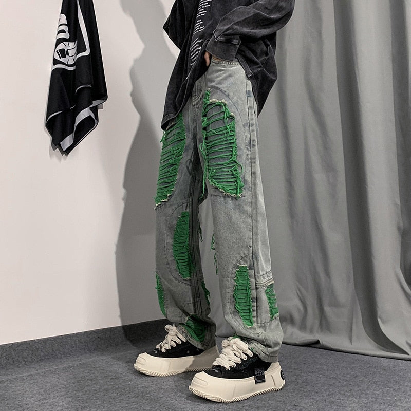Denim Streetwear Ripped Patches Pants Green, XS - Streetwear Pants - Slick Street