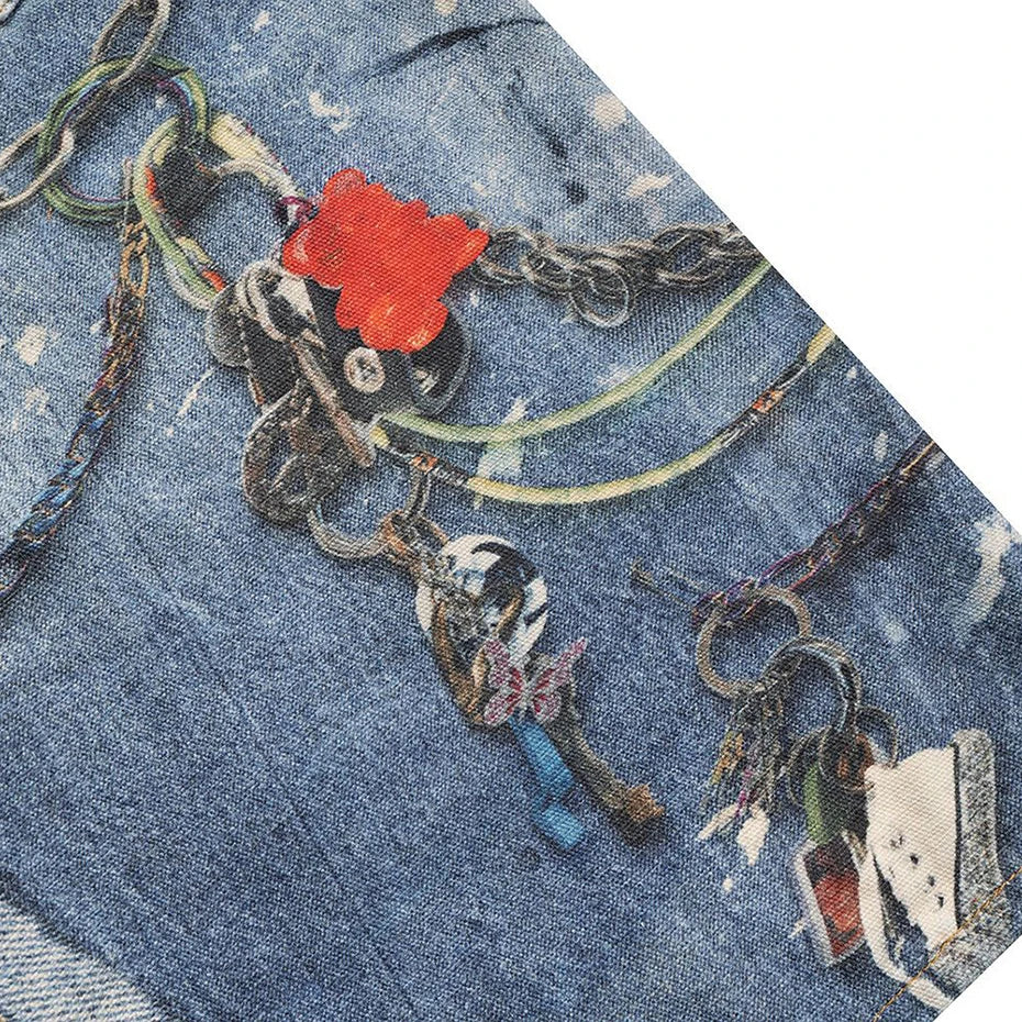 Hanging Keychain Graphic Denim Shorts , - Streetwear Shorts - Slick Street
