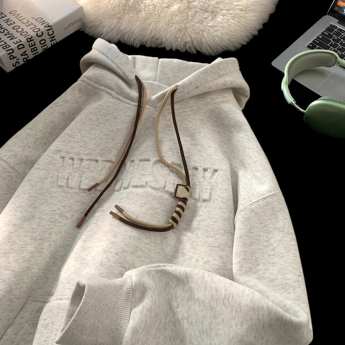 Drawstring Wednesday Embossed Letters Hoodie White, XS - Streetwear Hoodie - Slick Street