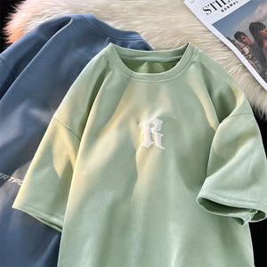 Letter R Foaming Embroidery Loose T-Shirt , - Streetwear T-Shirts - Slick Street