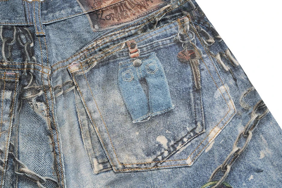 Hanging Keychain Graphic Denim Shorts , - Streetwear Shorts - Slick Street