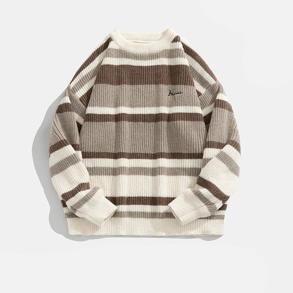 Stripe Embroidery Crochet Sweater Brown, M - Streetwear Sweater - Slick Street