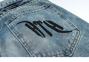 HTH Flame Embroidery Blue Denim Pants ,  - Streetwear Pants - Slick Street