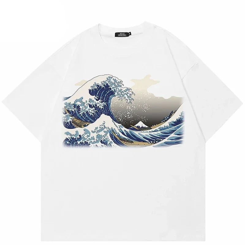 Ivory Tsunami Big Waves Graphic Loose T-Shirt ,  - Streetwear T-Shirt - Slick Street