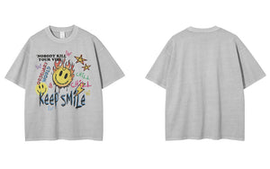 Keep Smile Graffiti Emoji Design T-Shirt Light Gray, M - Streetwear T-Shirts - Slick Street