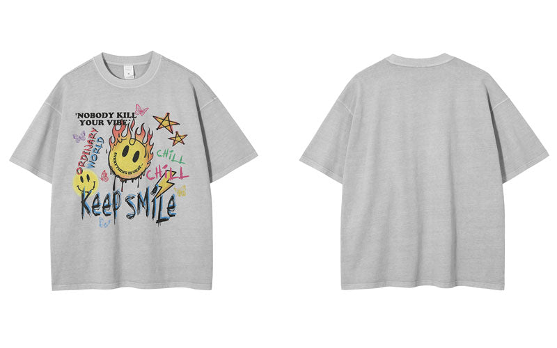 Keep Smile Graffiti Emoji Design T-Shirt Light Gray, M - Streetwear T-Shirts - Slick Street