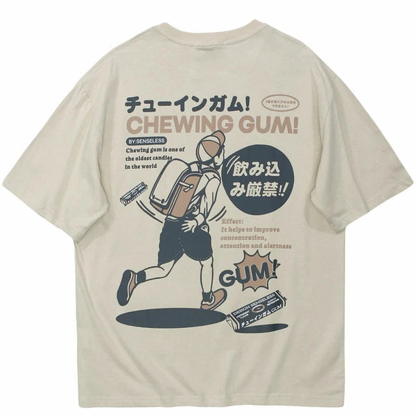 Chewing Gum Candy Cartoon Crew Neck T-Shirt Khaki, S - Streetwear T-Shirt - Slick Street