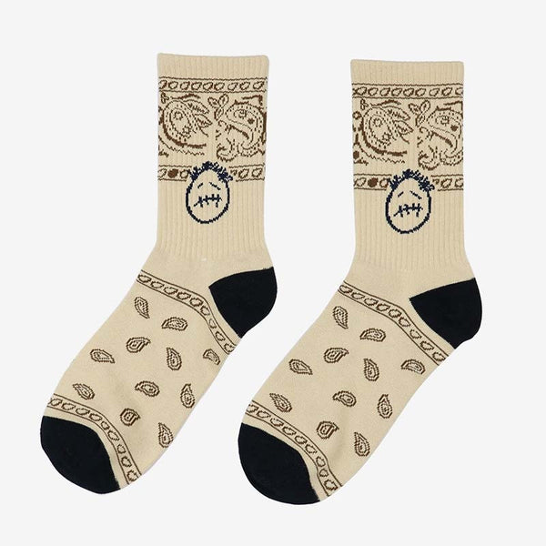 Cactus Jack Bandana Pattern Crew Socks Beige-Face, One Size - Streetwear Socks - Slick Street