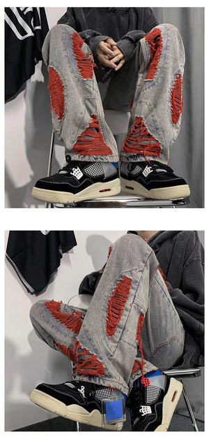 Denim Streetwear Ripped Patches Pants ,  - Streetwear Pants - Slick Street