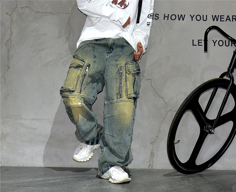 Distressed Denim Cargo Pants , - Streetwear - Slick Street