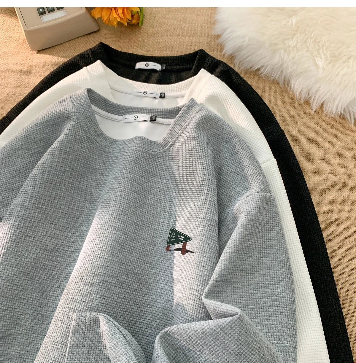 Drawstring Waffle Long Sleeve Pullover Shirt , - Streetwear Sweatshirts - Slick Street