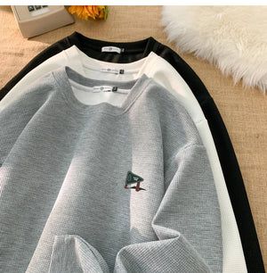 Drawstring Waffle Long Sleeve Pullover Shirt , - Streetwear Sweatshirts - Slick Street