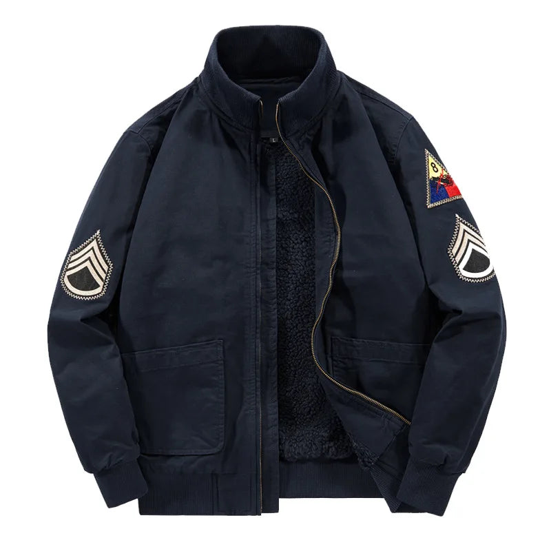 Patchwork Zipper Chief Bomber Jacket Dark Blue, M - Streetwear Jacket - Slick Street