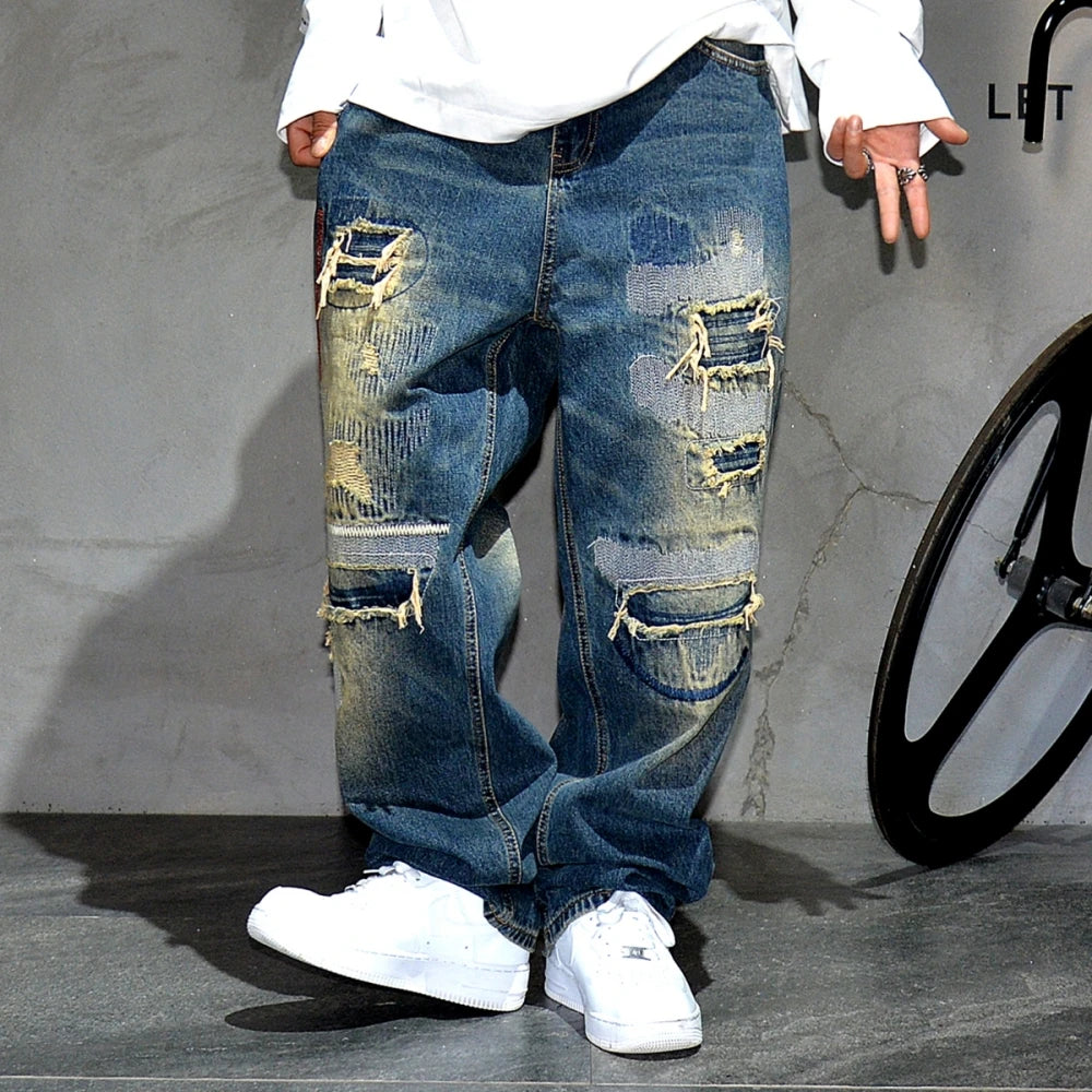 AM26 Ripped Patch Washed Jeans Blue, 28 - Streetwear Jeans - Slick Street