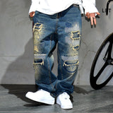 AM26 Ripped Patch Washed Jeans Blue, 28 - Streetwear Jeans - Slick Street
