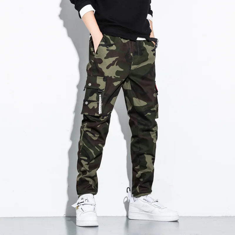 Camouflage Style Cargo Size Pockets Pants Army Green, XS - Streetwear Pants - Slick Street