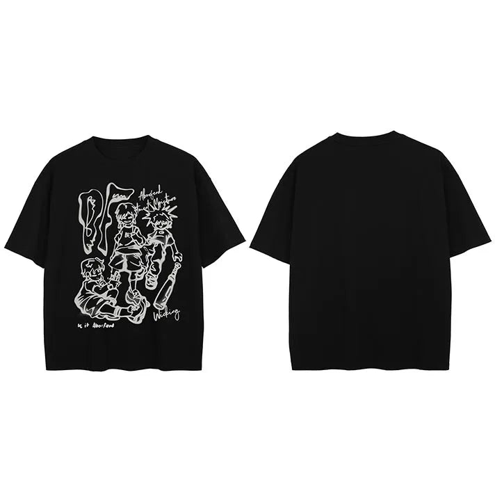 Y2K Anime Aesthetic Cartoon Pullover T-Shirt Black, S - Streetwear T-Shirt - Slick Street