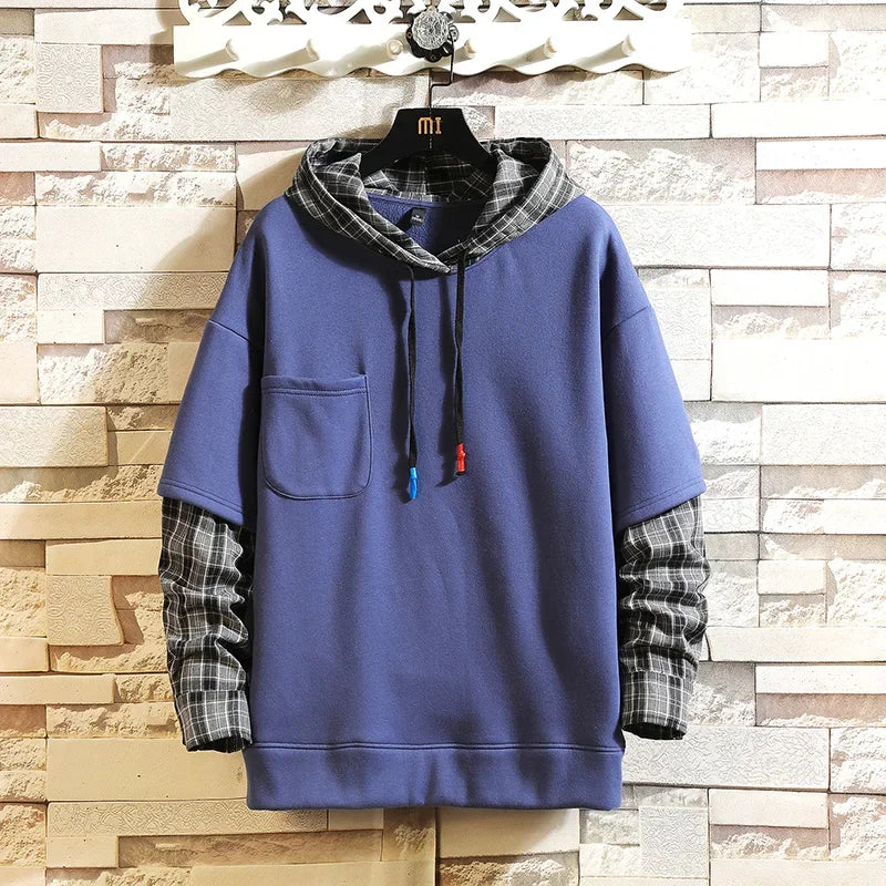 Fake Double Shirt Checkered Hoodie Blue, XXS - Streetwear Hoodie - Slick Street