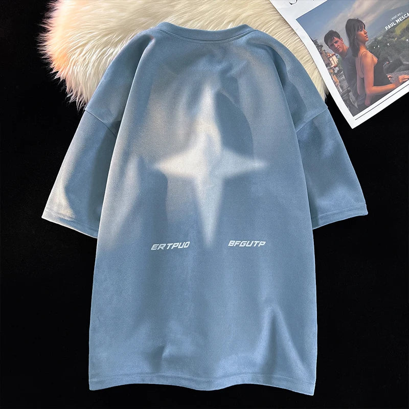 Letter R Foaming Embroidery Loose T-Shirt Sky Blue, XS - Streetwear T-Shirts - Slick Street