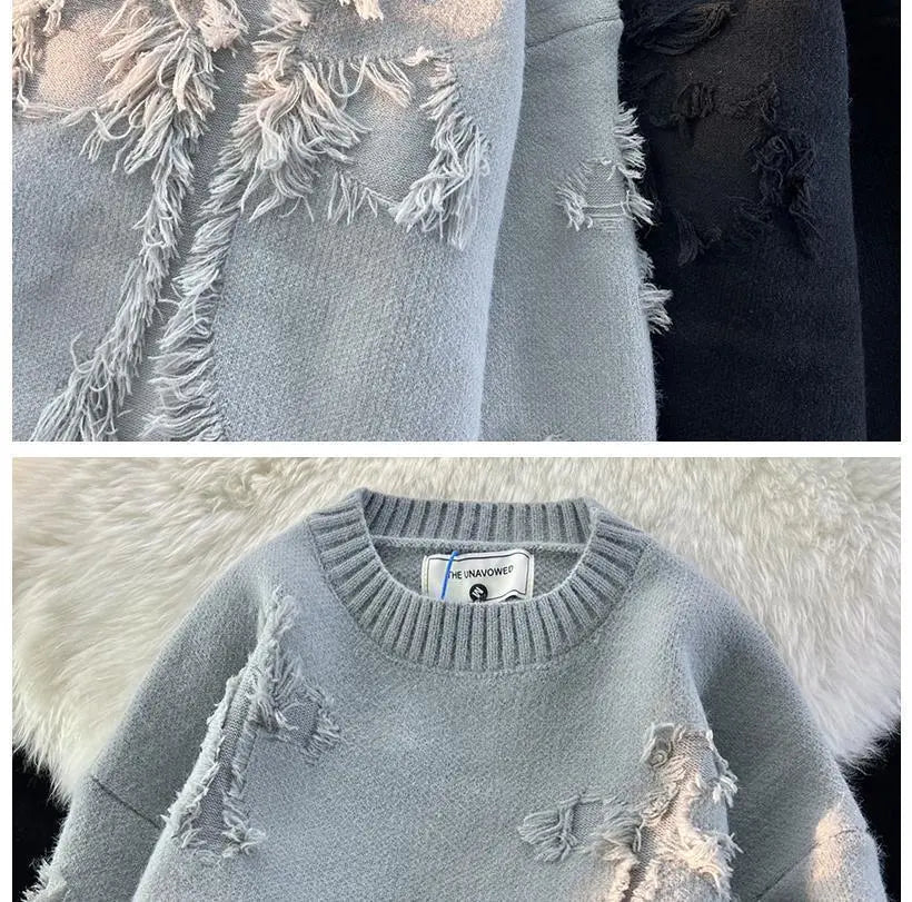 Ripped Y2K Two Shaded Cross Fringed Sweater ,  - Streetwear Sweater - Slick Street