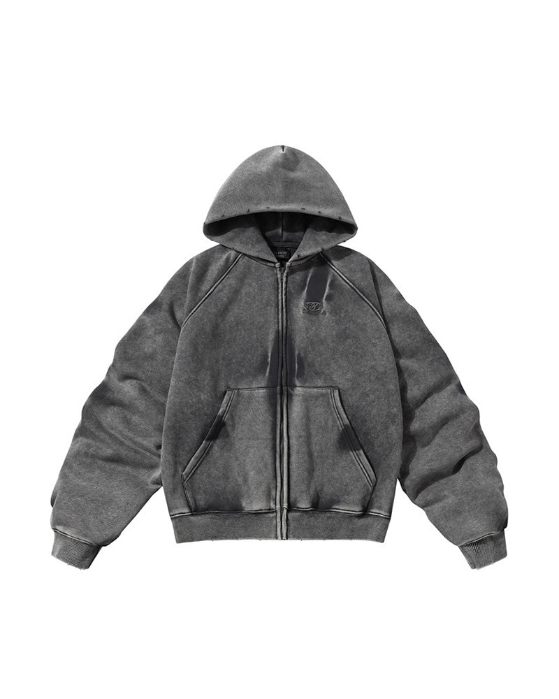 Distressed Washed Zip Hoodie Grey, XS - Streetwear Hoodie - Slick Street