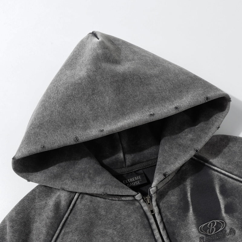 Distressed Washed Zip Hoodie , - Streetwear Hoodie - Slick Street