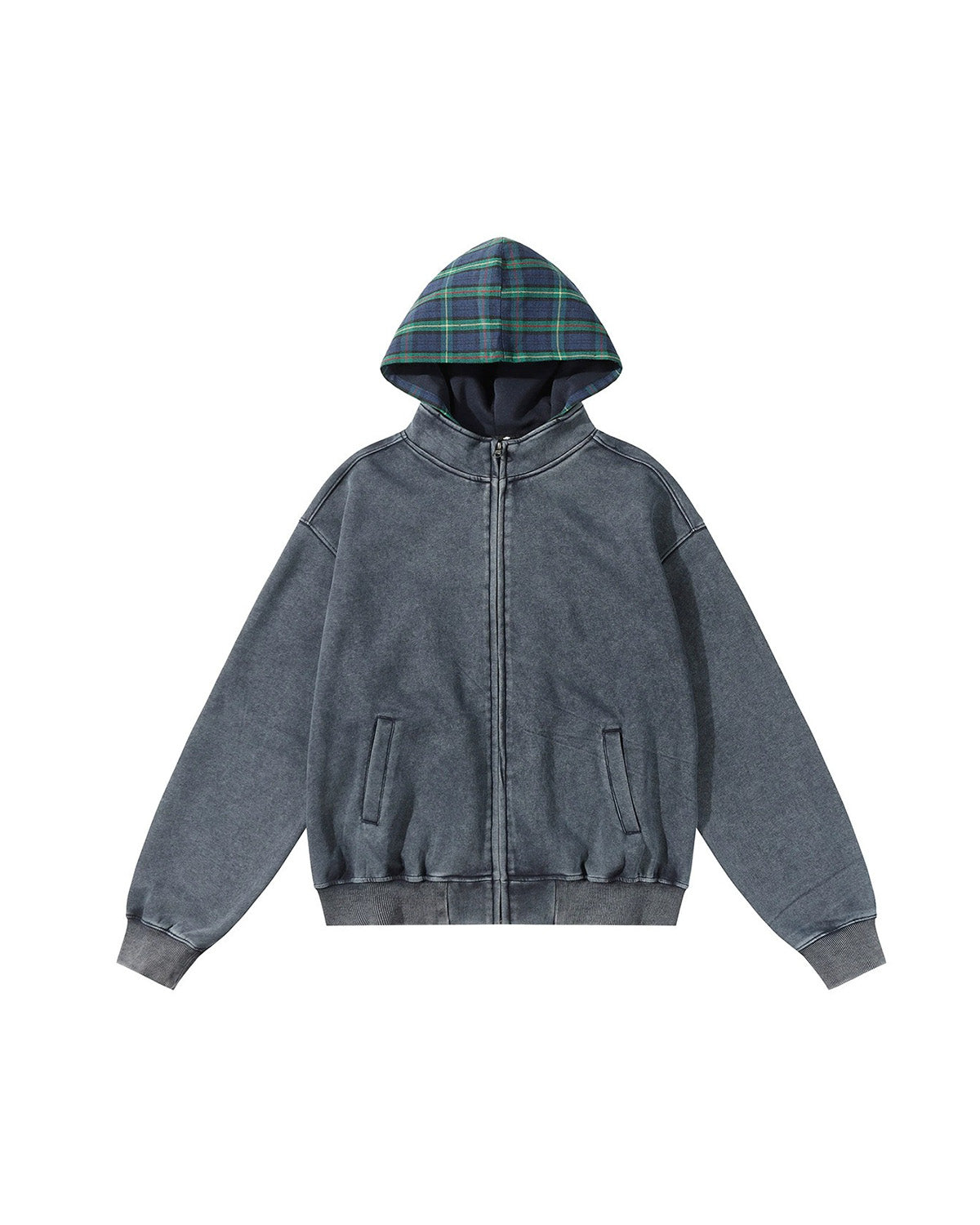 Plaid Hood Zip Hoodie Blue, S - Streetwear Hoodie - Slick Street