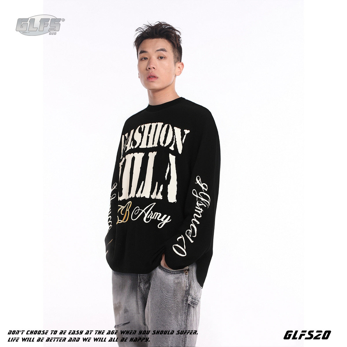 Gothic College Streetwear Waffle Knit Long Sleeve Sweatshirt