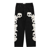 Star Skull Patchwork Straight Jeans Black, S - Streetwear Jeans - Slick Street