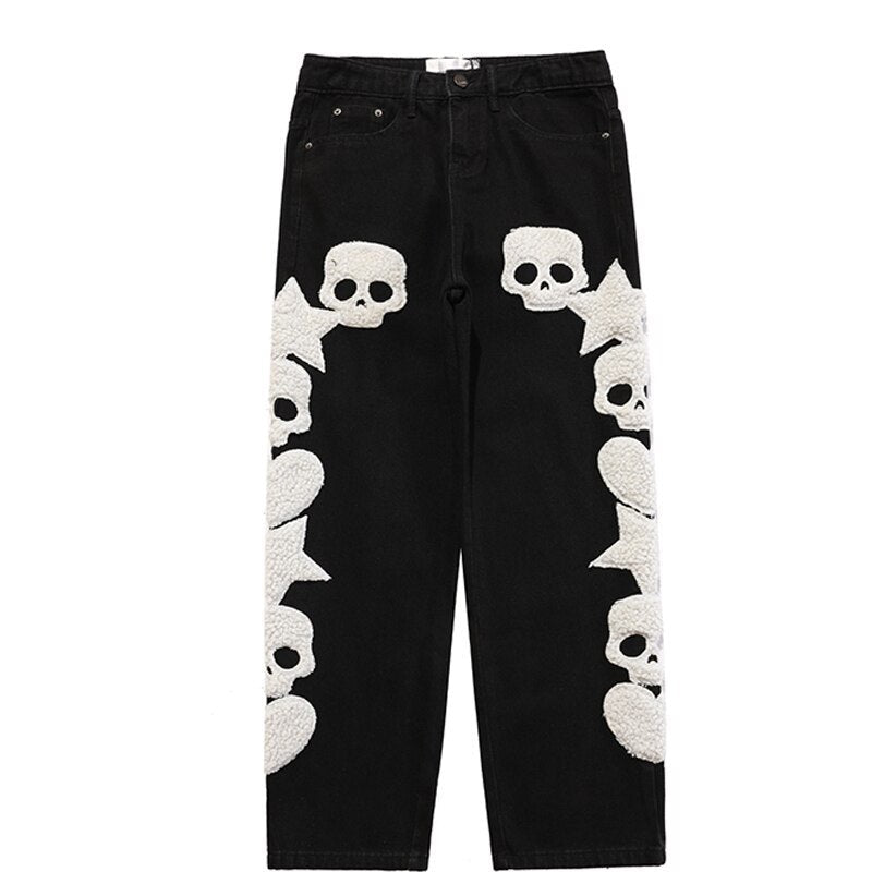 Star Skull Patchwork Straight Jeans Black, S - Streetwear Jeans - Slick Street