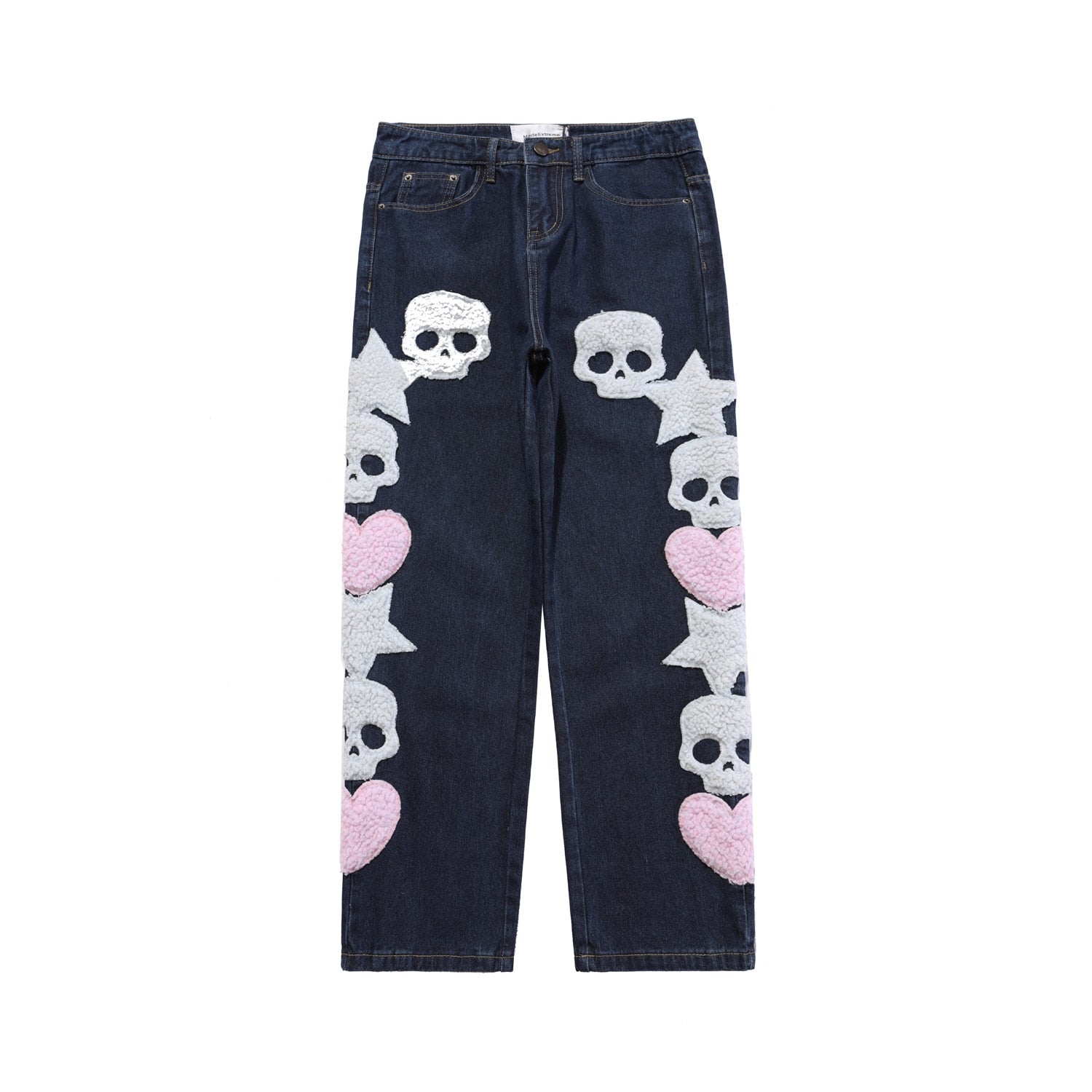 Star Skull Patchwork Straight Jeans Blue, S - Streetwear Jeans - Slick Street